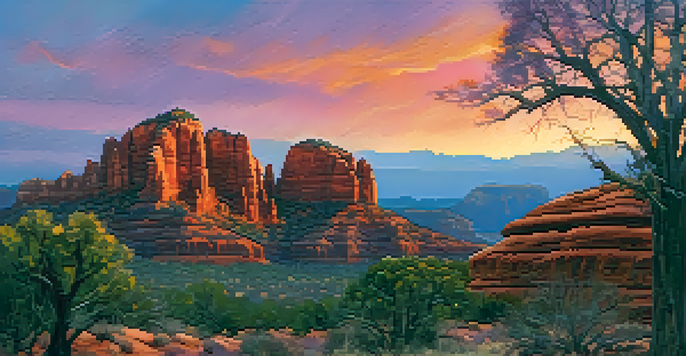 A scenic sunset over Sedona's red rocks with people silhouetted against the colorful sky, celebrating New Year's Eve.