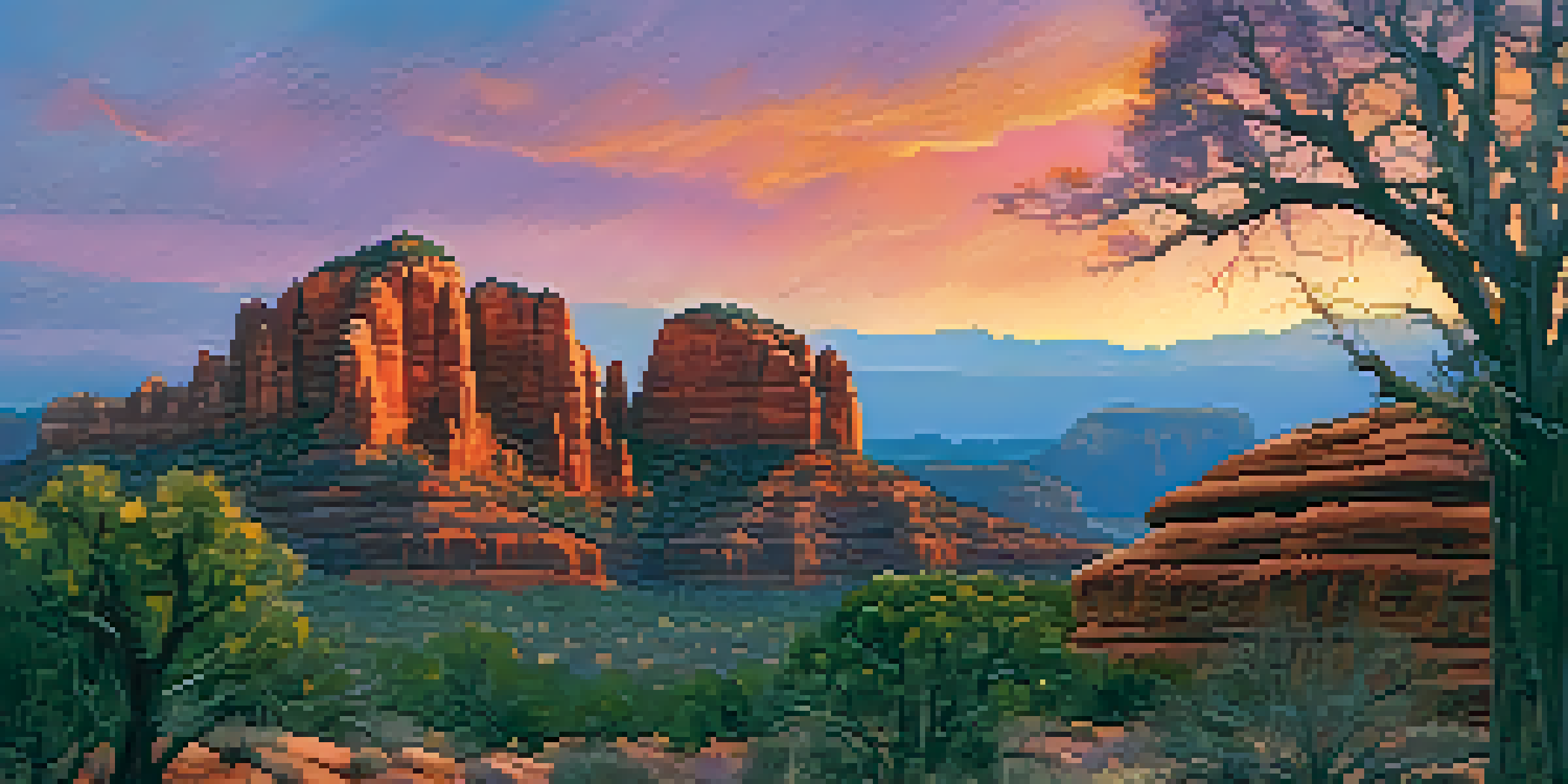 A scenic sunset over Sedona's red rocks with people silhouetted against the colorful sky, celebrating New Year's Eve.