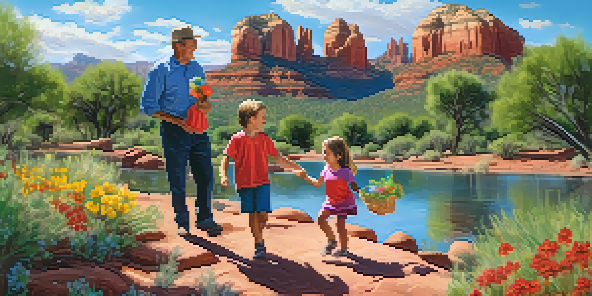 A family working together in a Sedona park, cleaning up litter and planting flowers with red rock formations in the background.