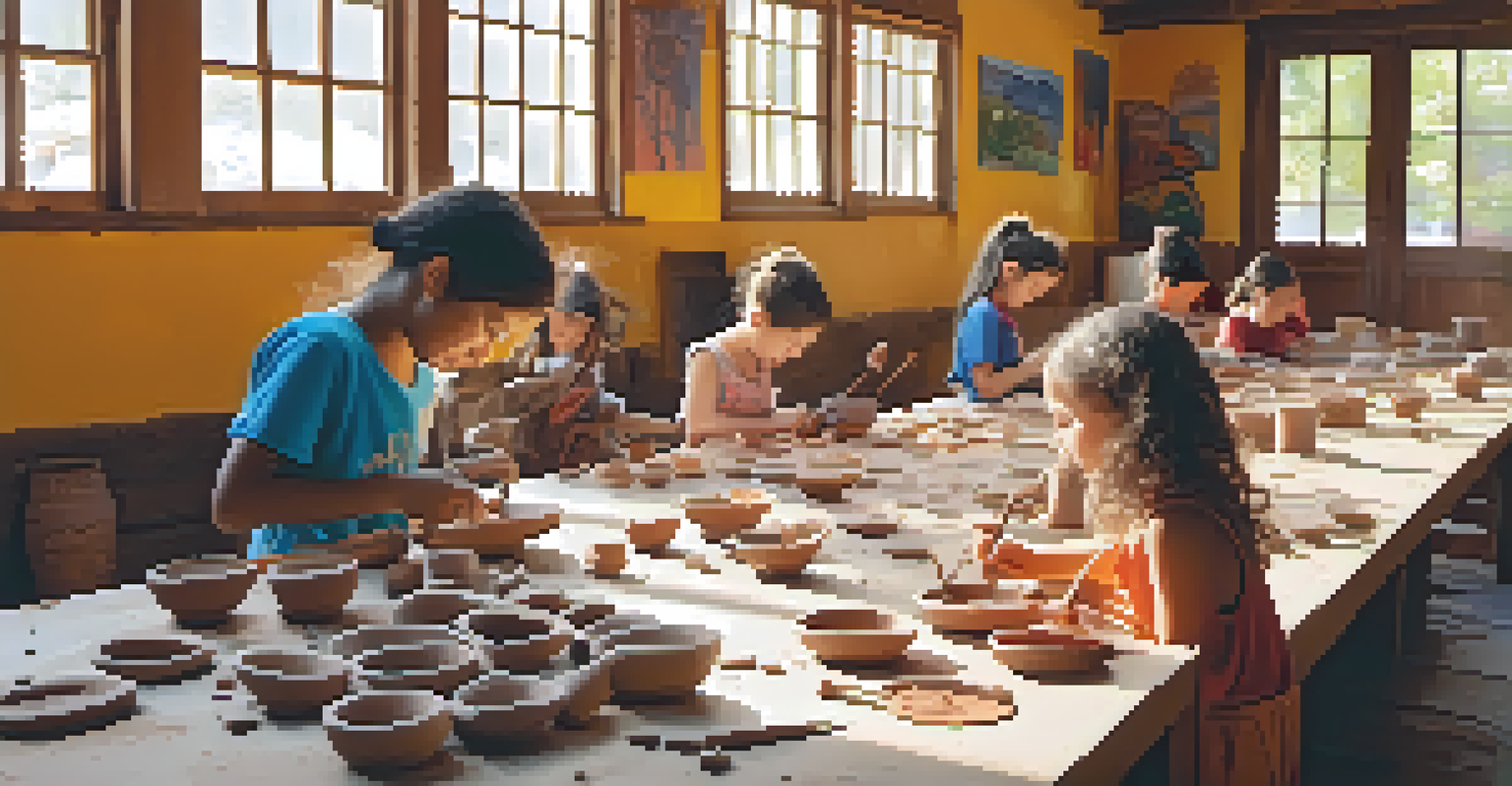 Children participating in a pottery workshop with colorful clay and tools, surrounded by their artwork in a sunlit room.