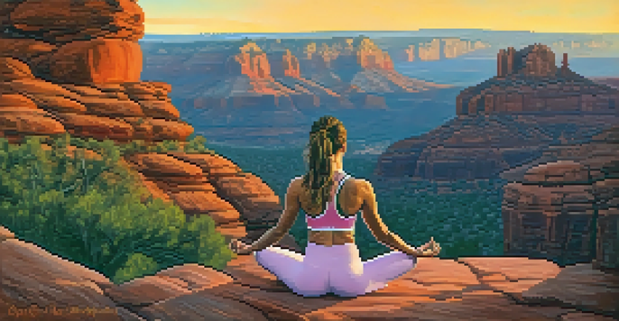 A person practicing yoga at sunrise on a cliff in Sedona, surrounded by red rock formations and vibrant morning light.