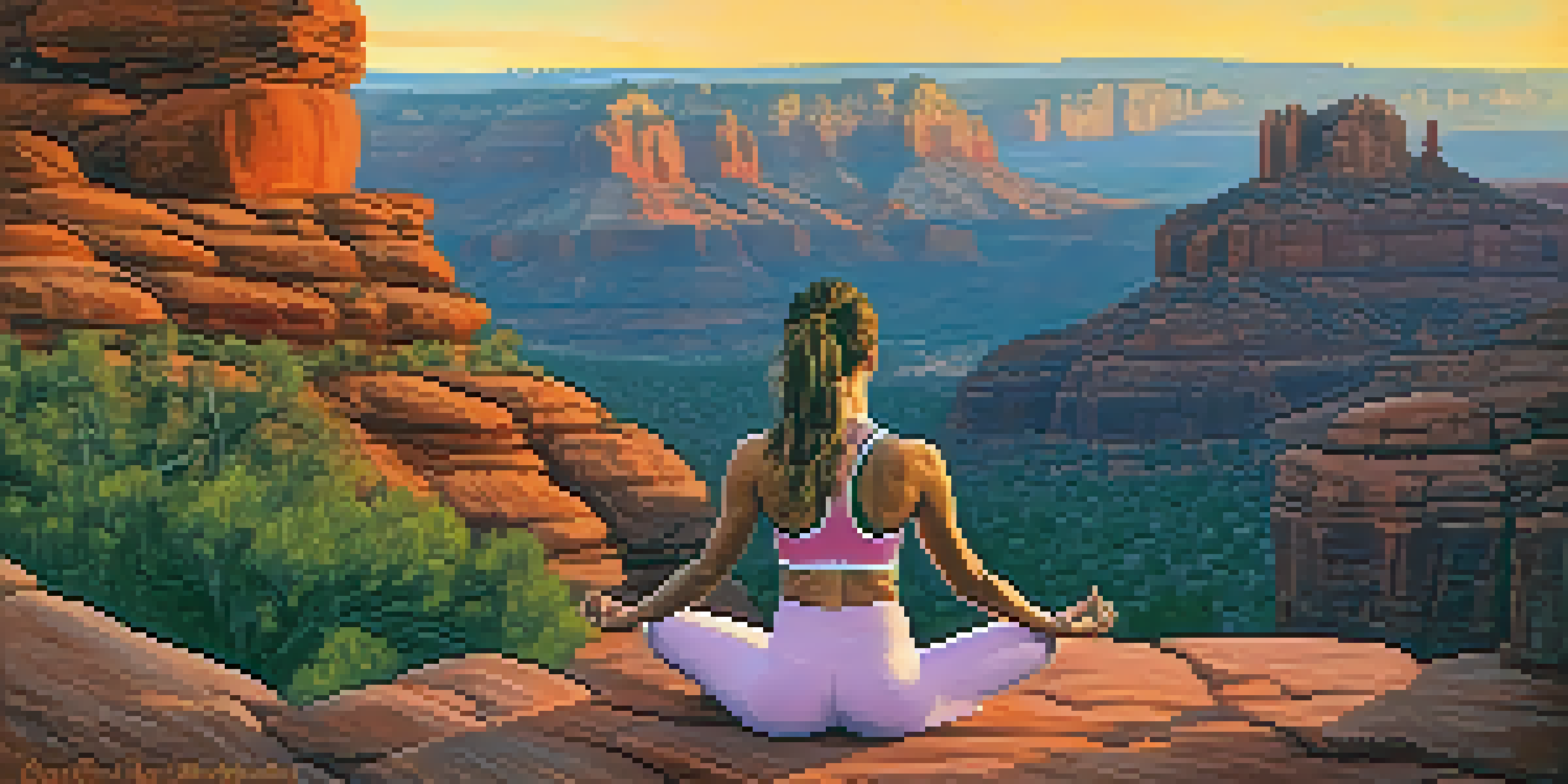 A person practicing yoga at sunrise on a cliff in Sedona, surrounded by red rock formations and vibrant morning light.