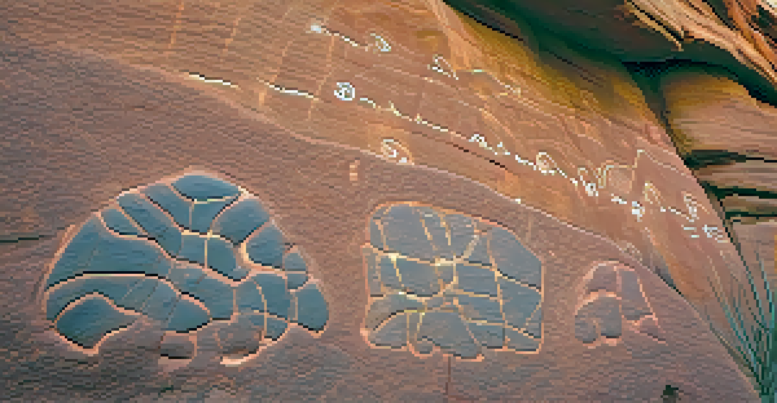 Close-up of ancient petroglyphs on a rock face in Sedona, Arizona, with red rocks and desert plants in the background.