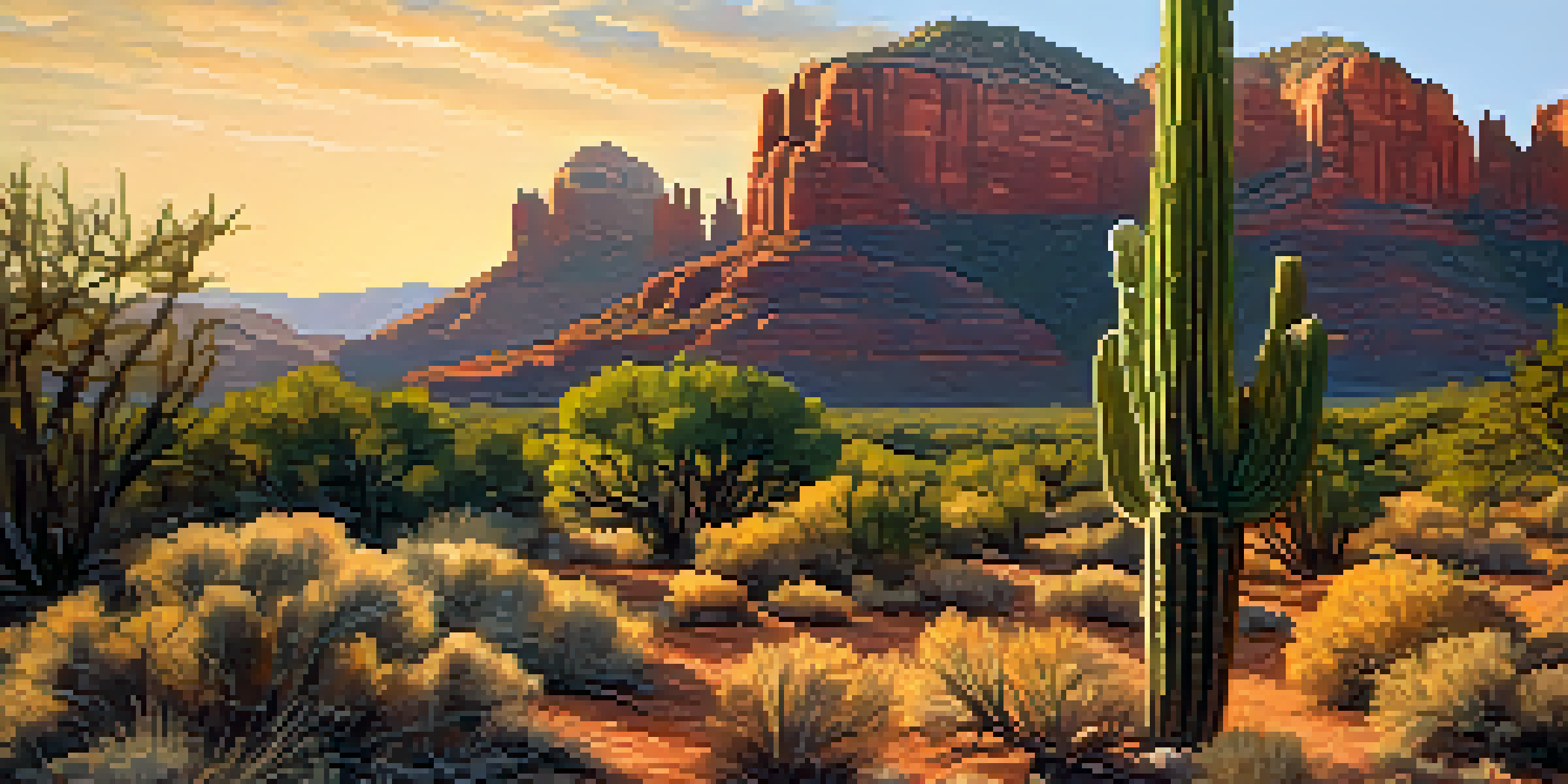 A stunning landscape of Sedona with red rock formations and a tall saguaro cactus, bathed in golden sunlight.