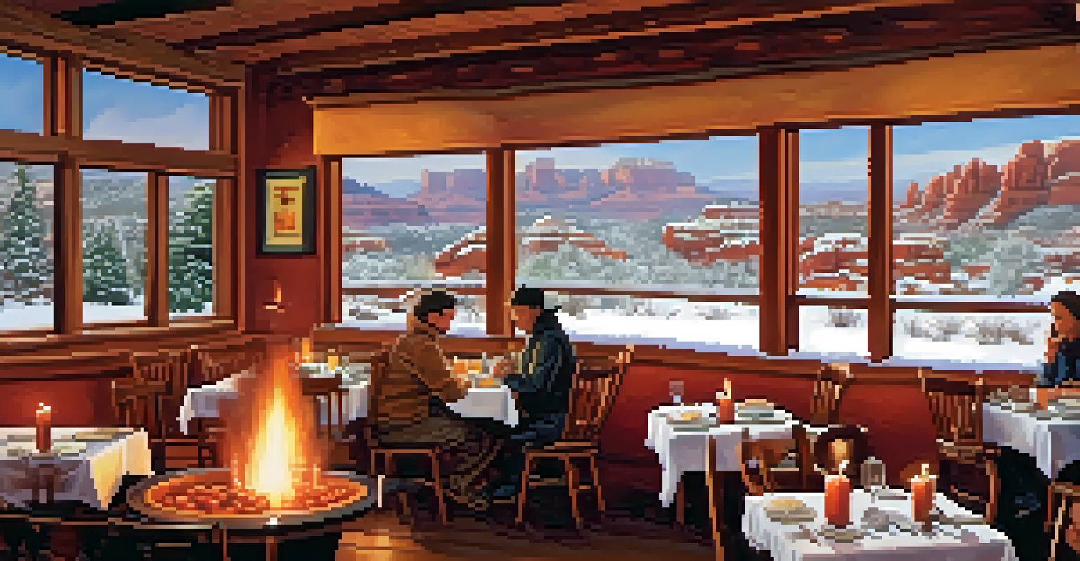 A warm dining scene in Sedona with hearty meals and a view of snow-covered red rocks.