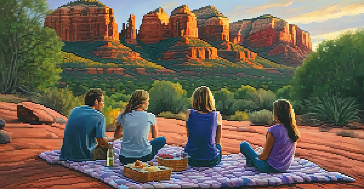 A family sitting on a picnic blanket watching a beautiful sunset over the red rocks of Sedona.