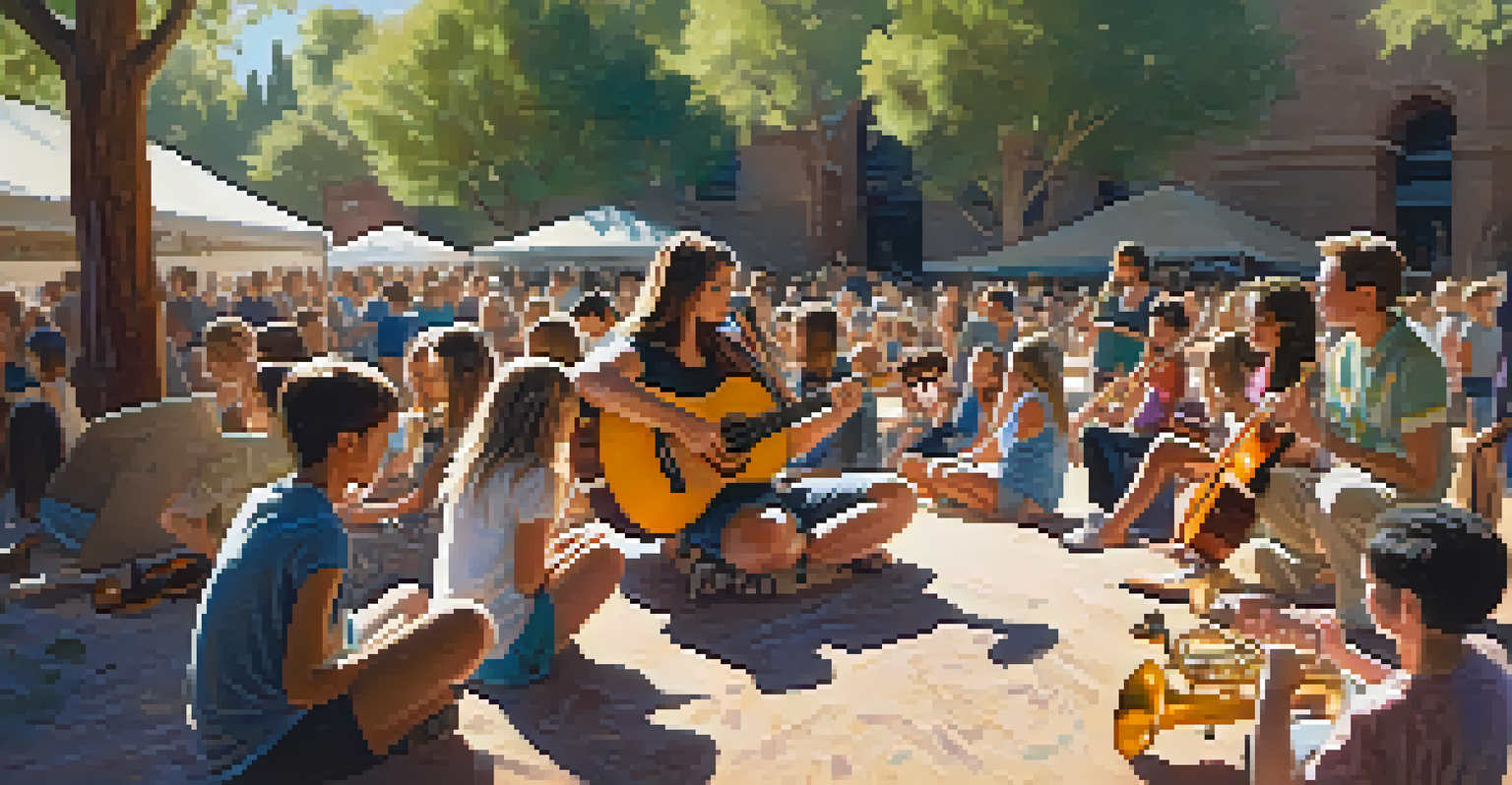 A music workshop at a festival, where a musician teaches techniques to young attendees in a warm outdoor setting surrounded by trees.
