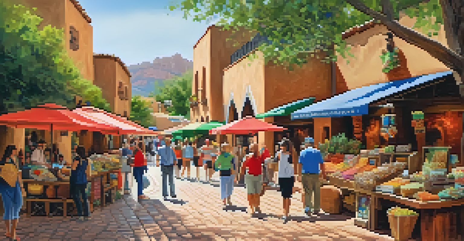 A lively view of Tlaquepaque Arts and Crafts Village with cobblestone paths, colorful shops, and visitors enjoying the artistic atmosphere.