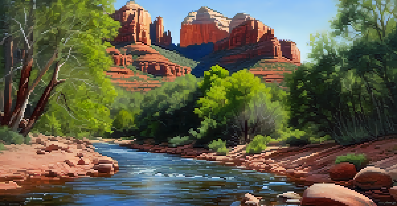 A tranquil creek on the West Fork Trail in Sedona, surrounded by lush trees and red rock cliffs in the background.
