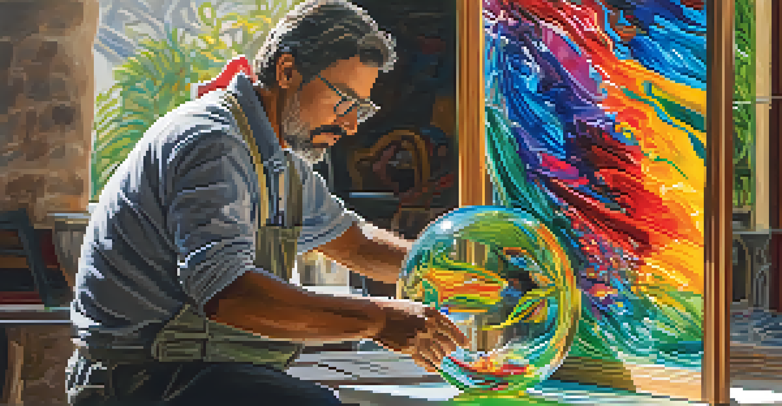 An artist crafting a colorful glass sculpture in a well-lit gallery surrounded by various artworks.