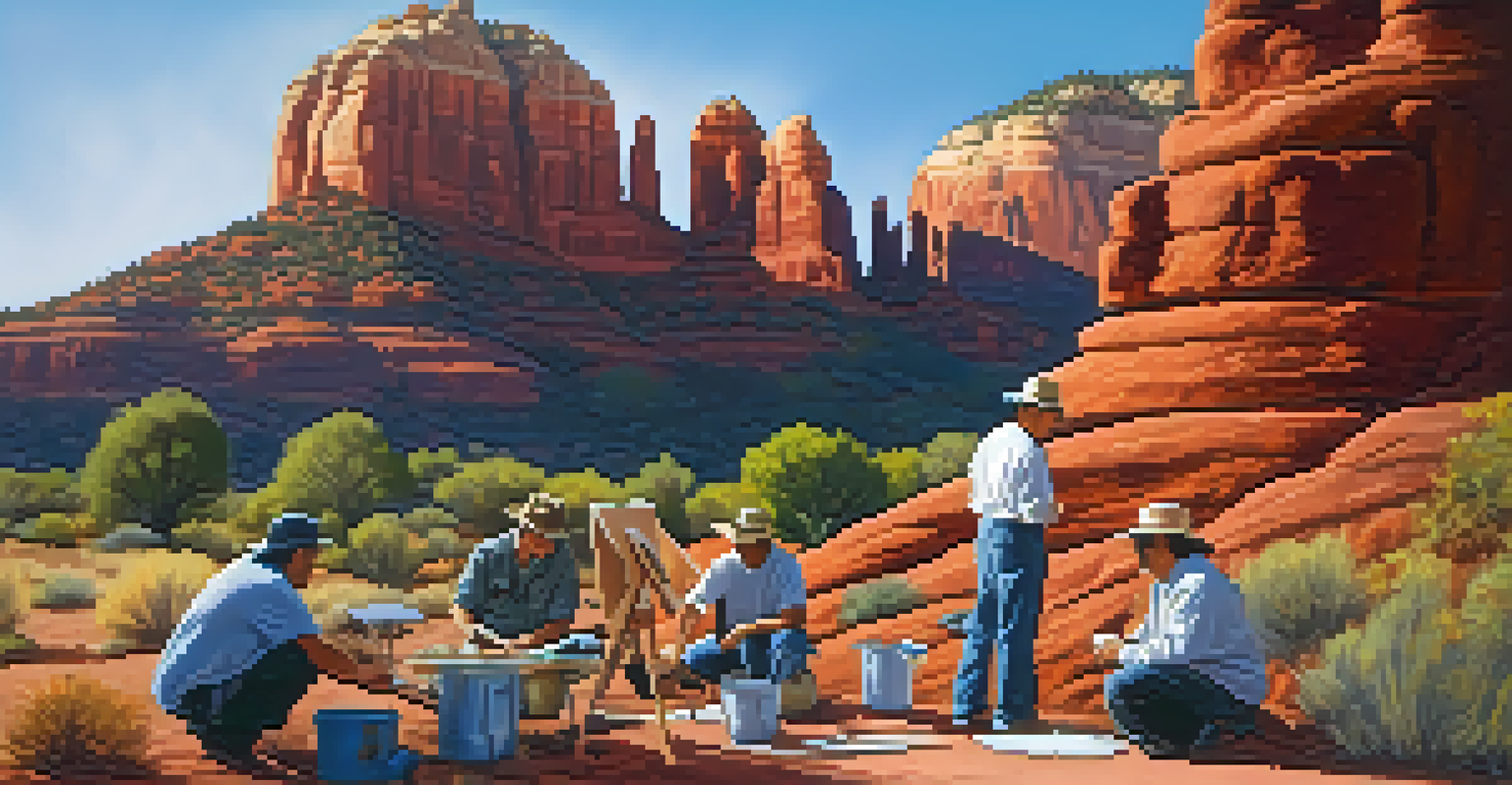Artists painting murals in Sedona with red rock formations in the background under a clear blue sky.