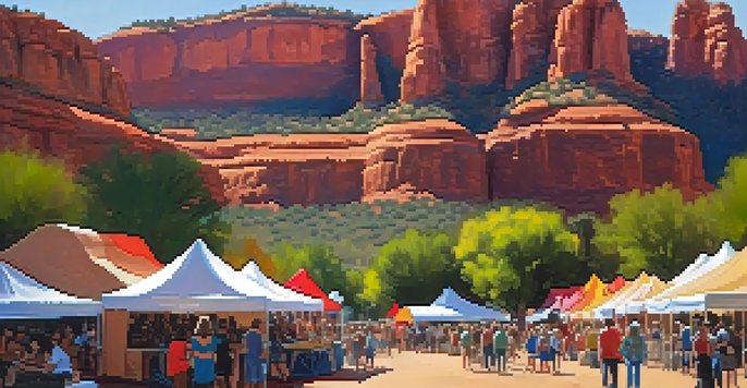 An outdoor festival in Sedona with artists showcasing their work and musicians performing, surrounded by red rock formations and a happy crowd.