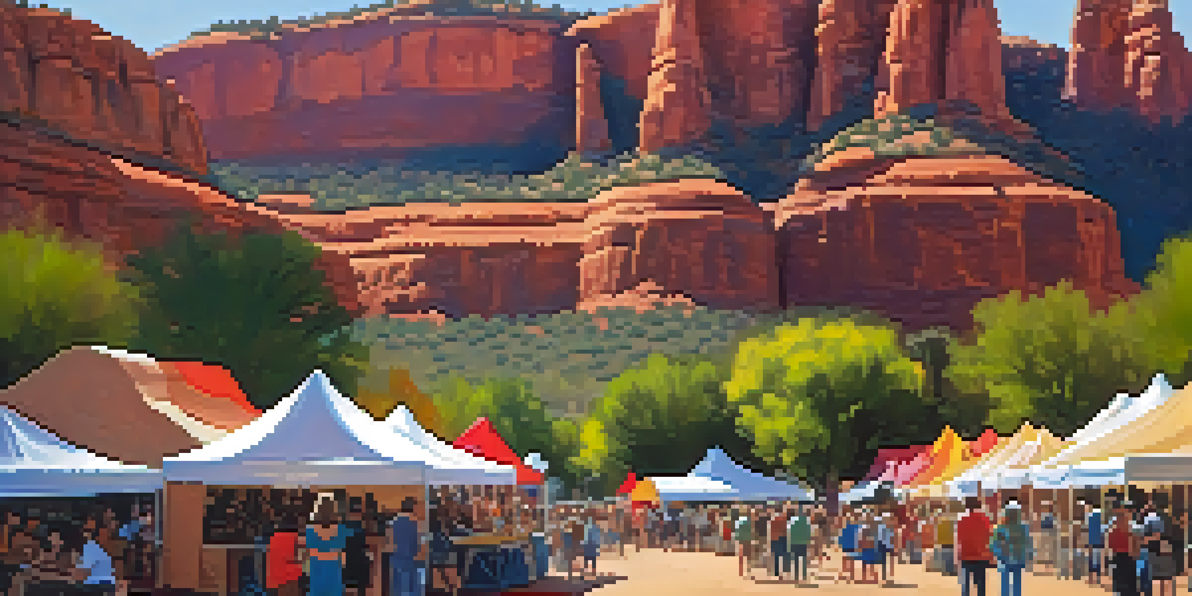 An outdoor festival in Sedona with artists showcasing their work and musicians performing, surrounded by red rock formations and a happy crowd.