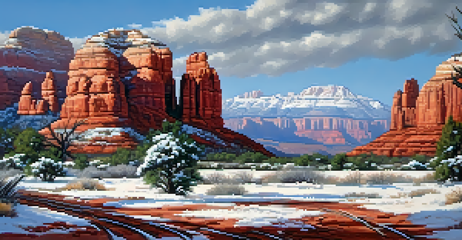 A peaceful winter landscape in Sedona with red rocks lightly covered in snow and a clear blue sky, showcasing the quiet beauty of the desert.