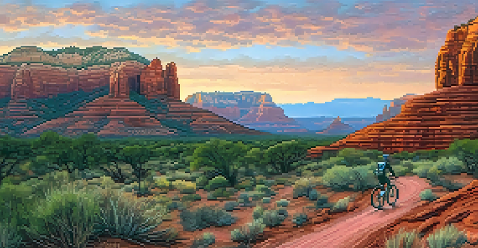 A mountain biker rides along a scenic trail in Sedona at sunrise, with vibrant red rock formations in the background.