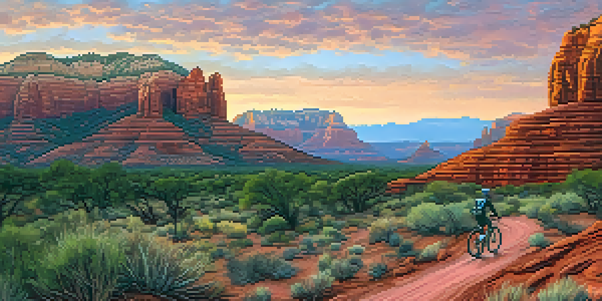 A mountain biker rides along a scenic trail in Sedona at sunrise, with vibrant red rock formations in the background.