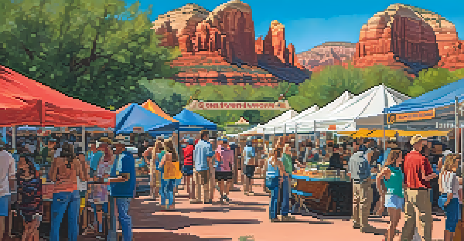 A lively outdoor festival in Sedona with artists, food vendors, and attendees enjoying the atmosphere.