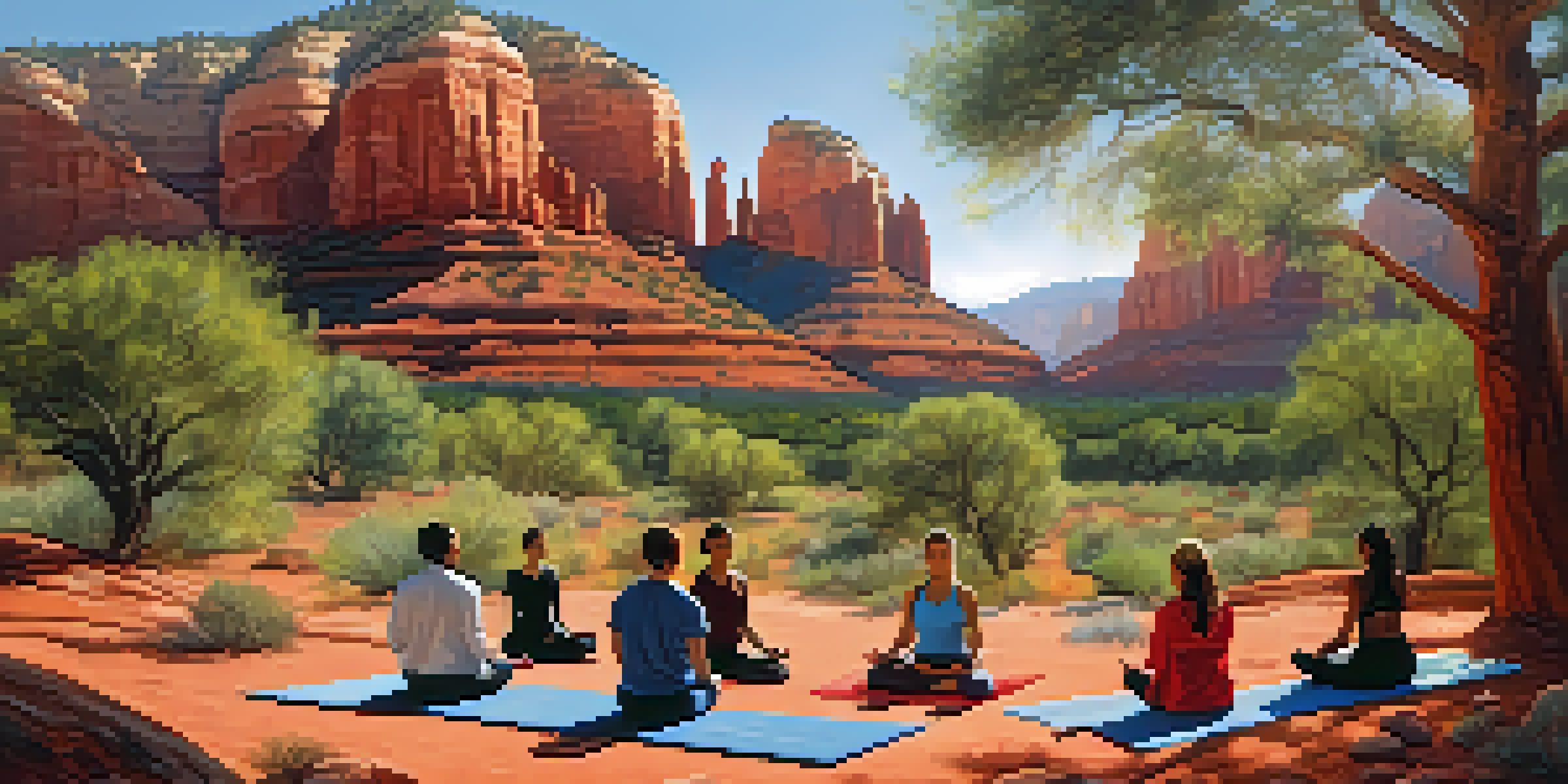A peaceful outdoor meditation scene in Sedona, Arizona, with red rock formations and individuals practicing mindfulness.
