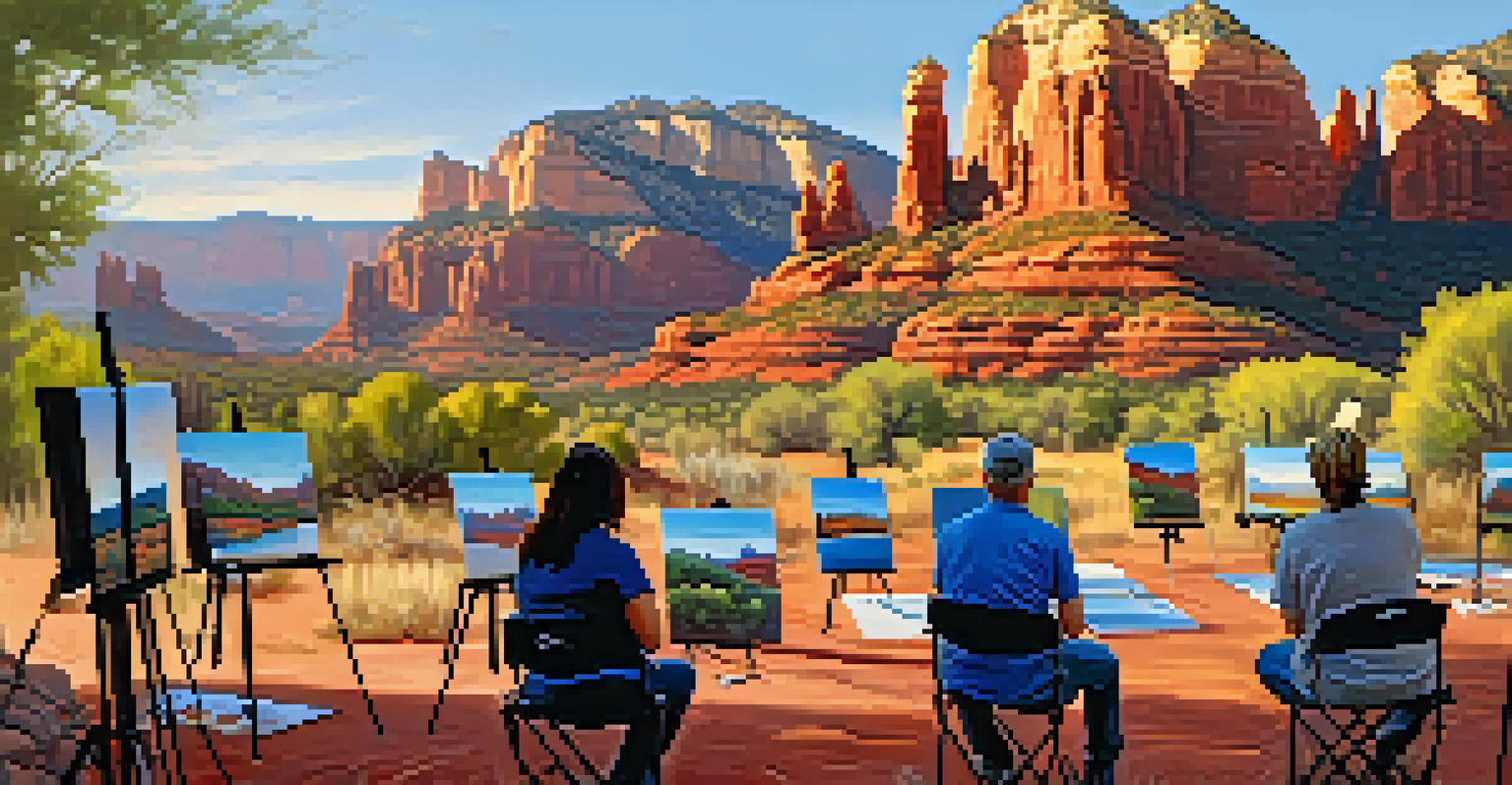 Artists participating in a landscape painting workshop in Sedona, with easels set up against red rock formations in warm sunlight.