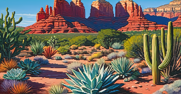 A vibrant garden in Sedona featuring various heat-resistant plants like succulents and lavender against red rock formations.