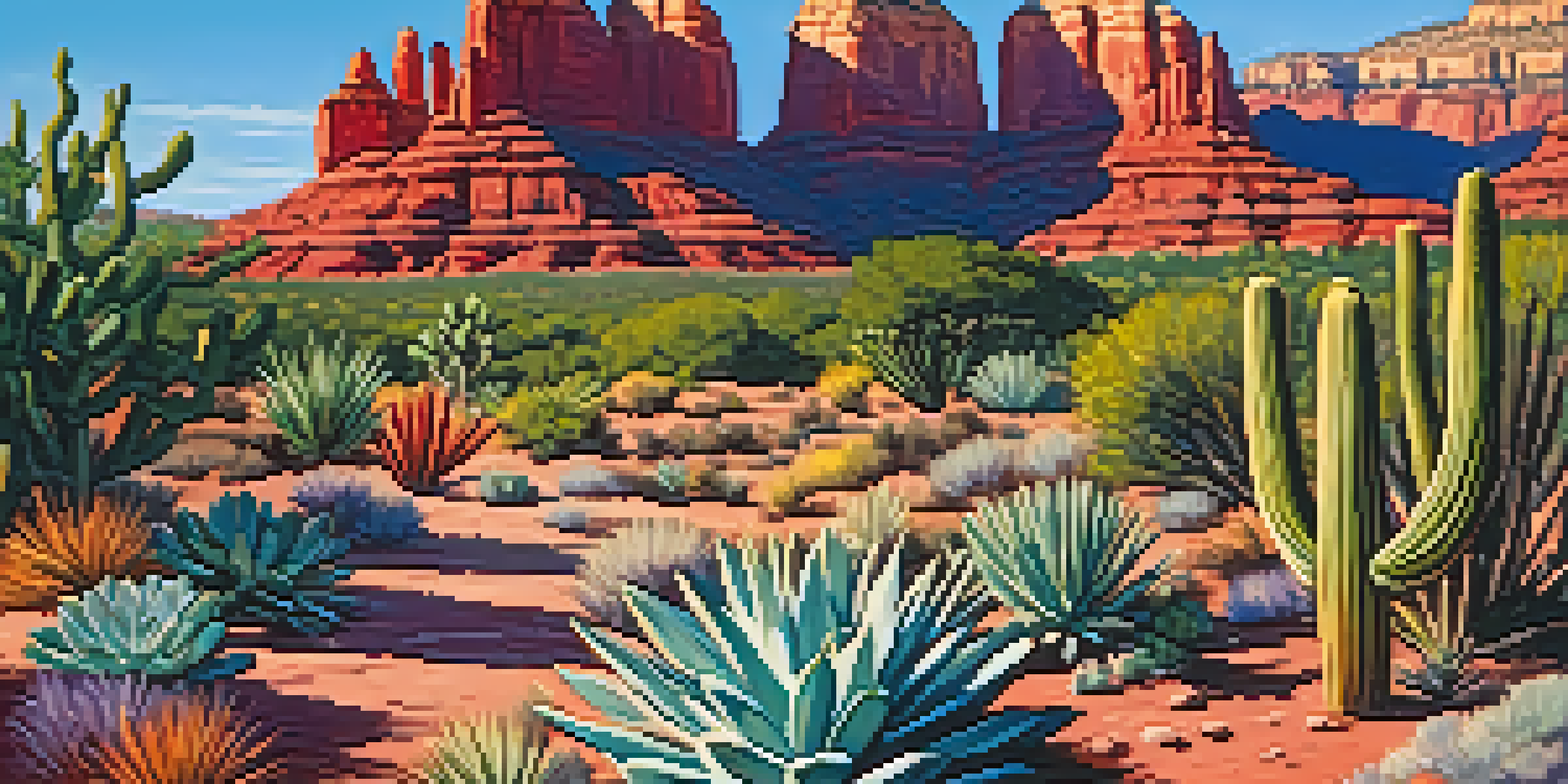 A vibrant garden in Sedona featuring various heat-resistant plants like succulents and lavender against red rock formations.