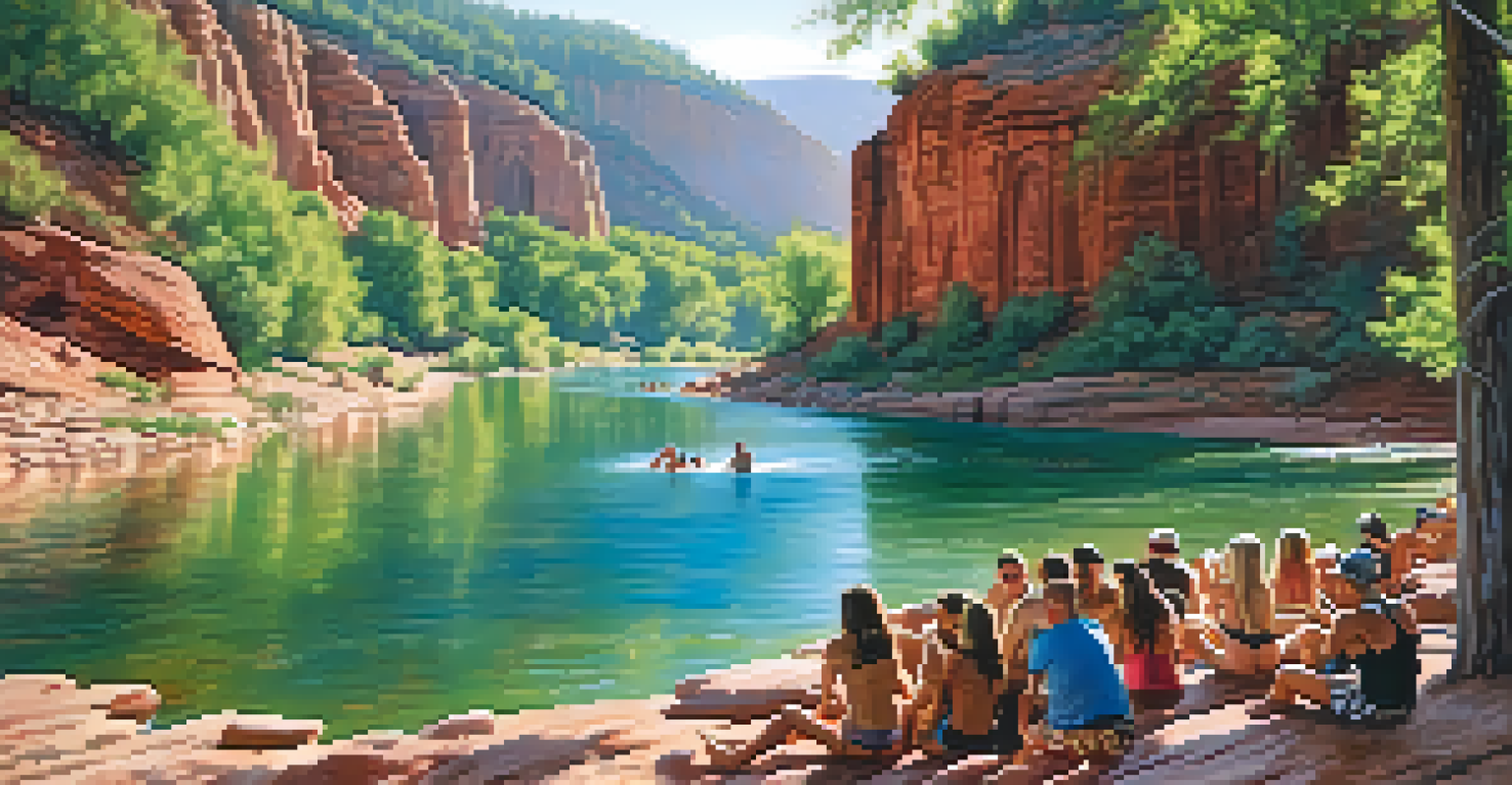 People enjoying summer activities like swimming and tubing in Oak Creek, surrounded by red cliffs and vibrant green trees.