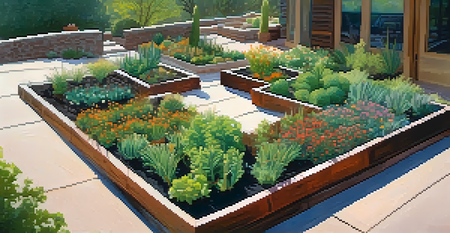 An aerial view of a structured Sedona garden with raised beds filled with vibrant plants and surrounded by organic amendments in bright daylight.