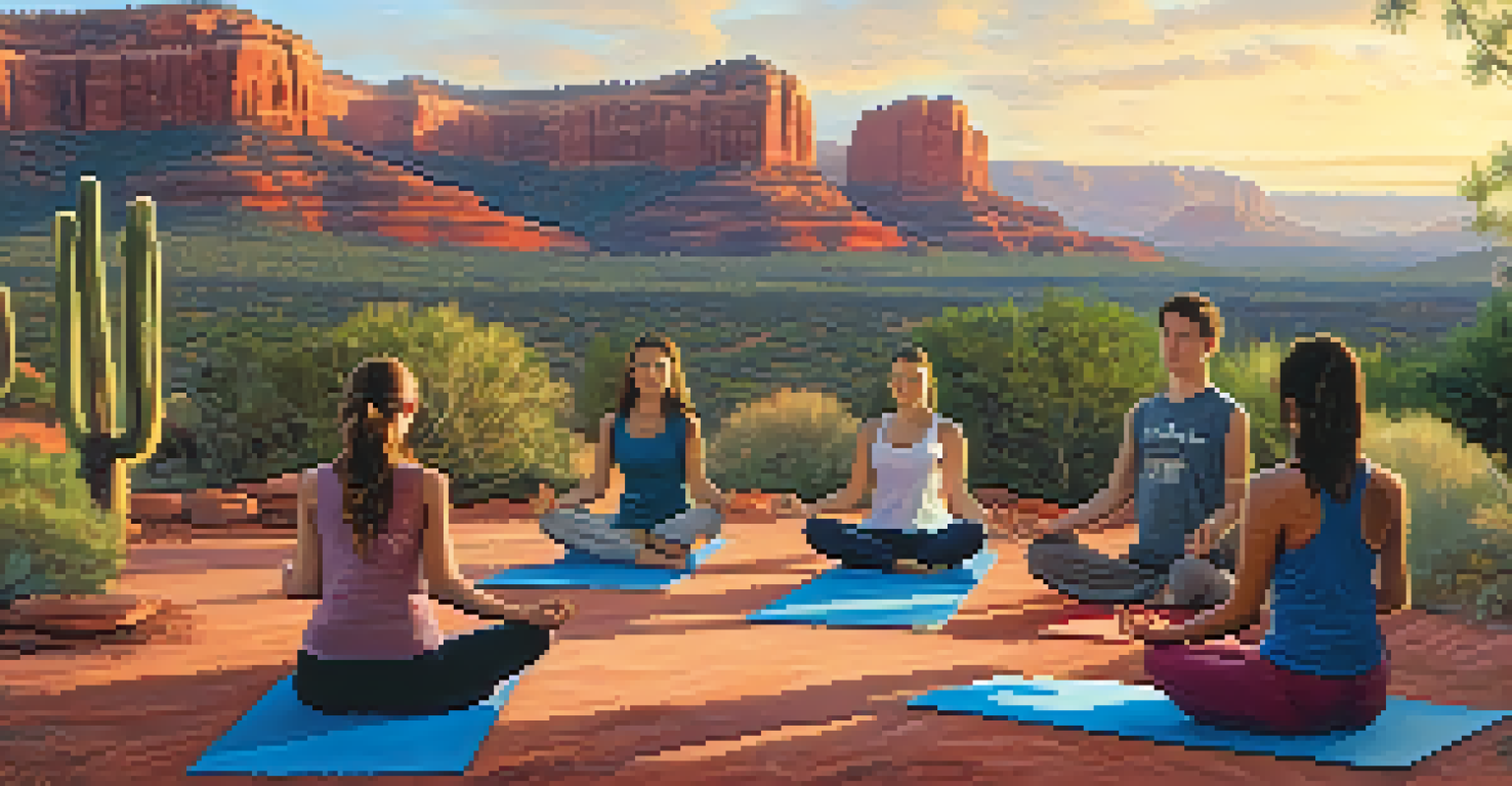 Teenagers practicing yoga in a serene outdoor setting in Sedona with red rock formations in the background.