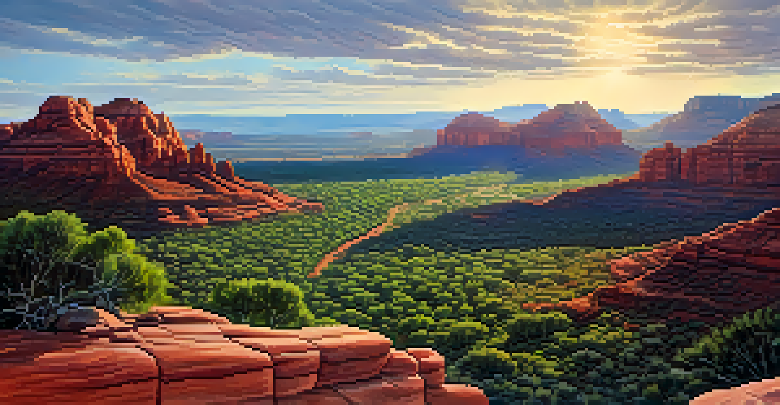 An aerial view of Sedona's red rock landscape with winding off-road trails and patches of greenery.