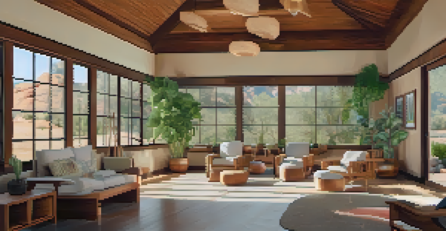 Interior of a tranquil wellness center in Sedona with natural light, plants, and calming decor.