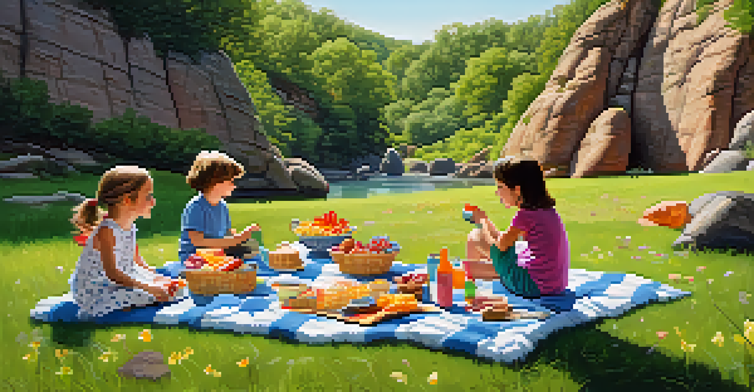 Children enjoying a picnic near Snoopy Rock, with a blanket of snacks and the rock formation in the background.