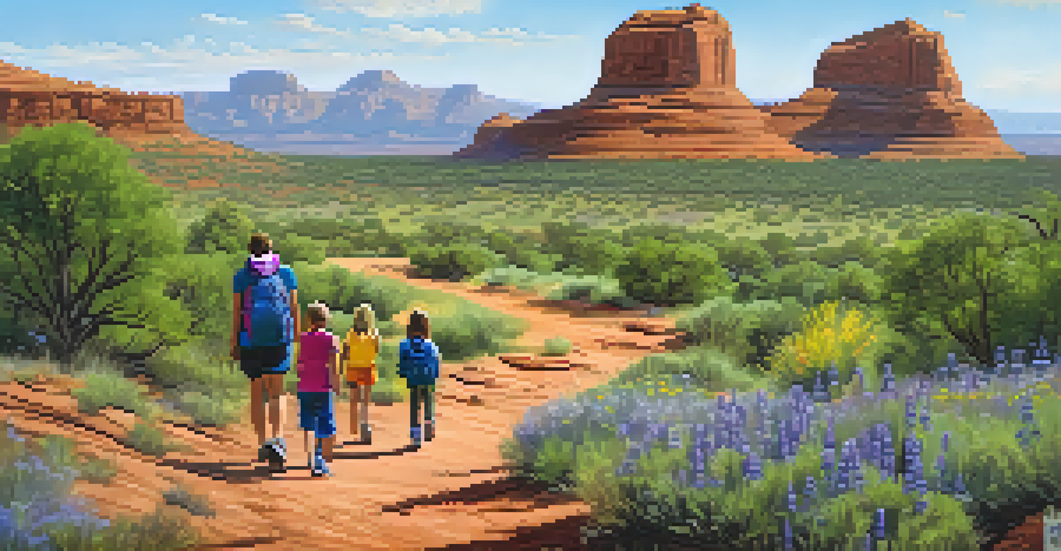 A family hiking on Bell Rock Trail, surrounded by lush vegetation and colorful wildflowers, with Bell Rock in the background.