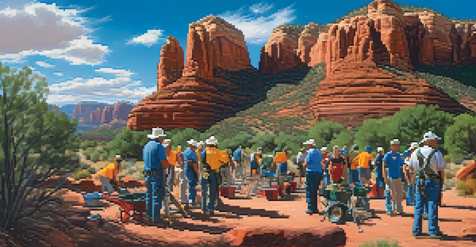 Volunteers gathered for a trail maintenance project in Sedona, with red rocks and blue skies in the background.