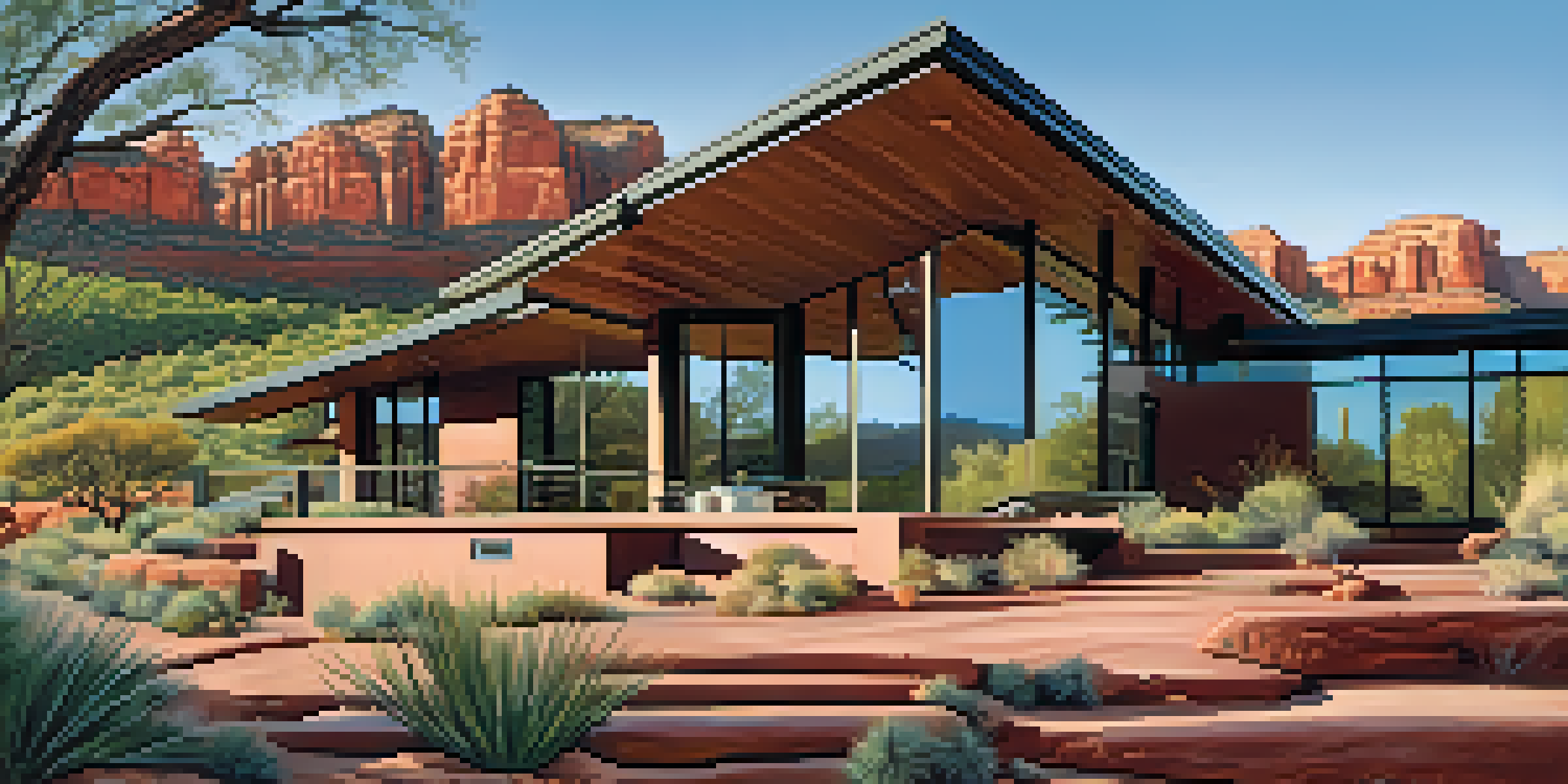A contemporary home in Sedona with large windows revealing red rock formations and desert plants, made of wood and stone.