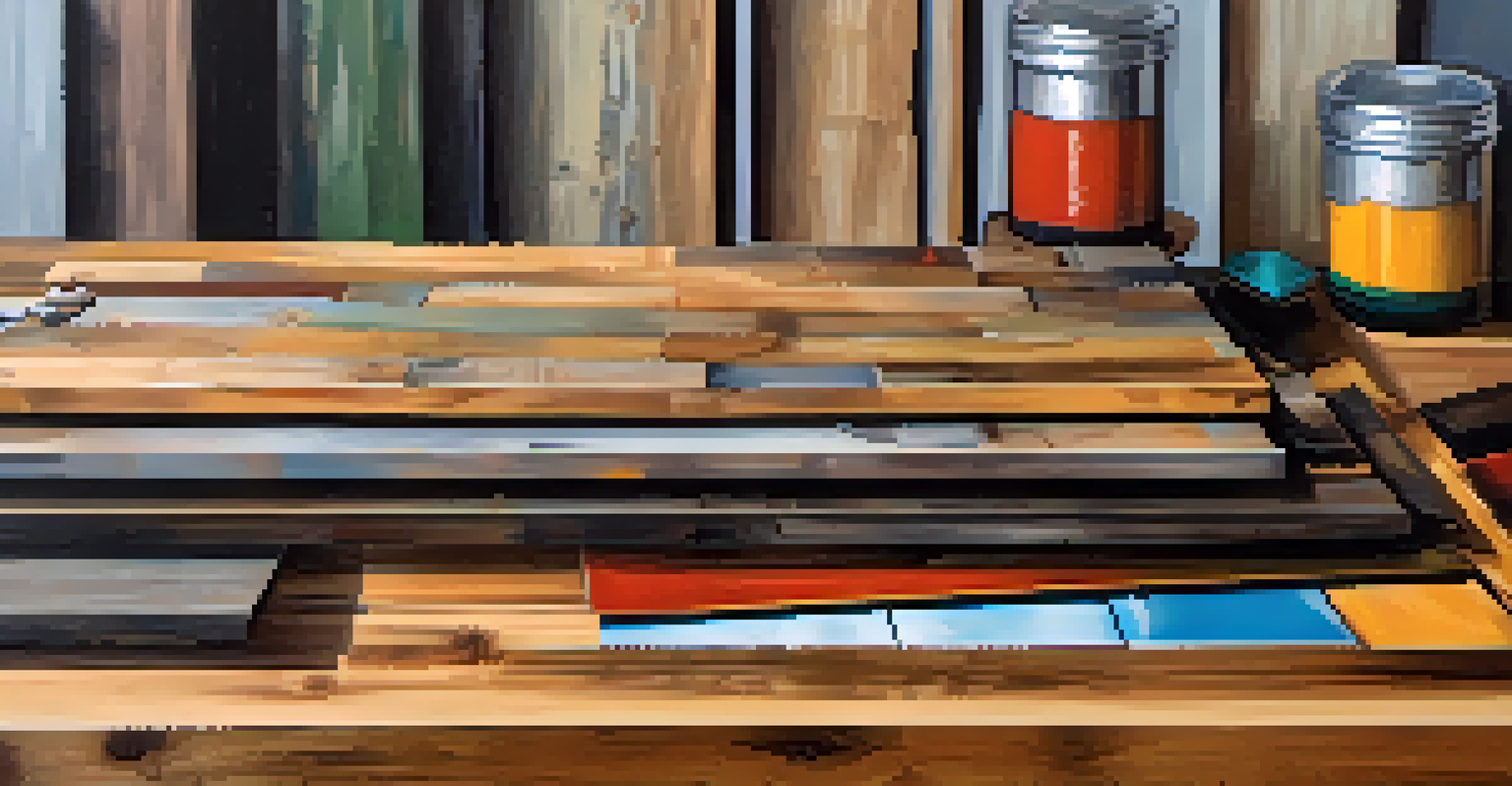A close-up of sustainable building materials like reclaimed wood and bamboo, showcasing their textures and colors on a wooden table.