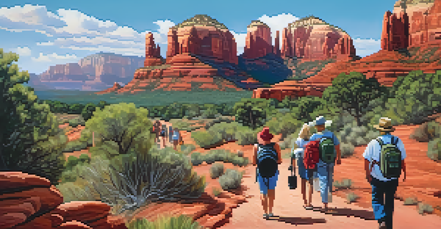 Festival-goers hiking in the Sedona landscape surrounded by red rocks and greenery, carrying picnic baskets filled with wine.