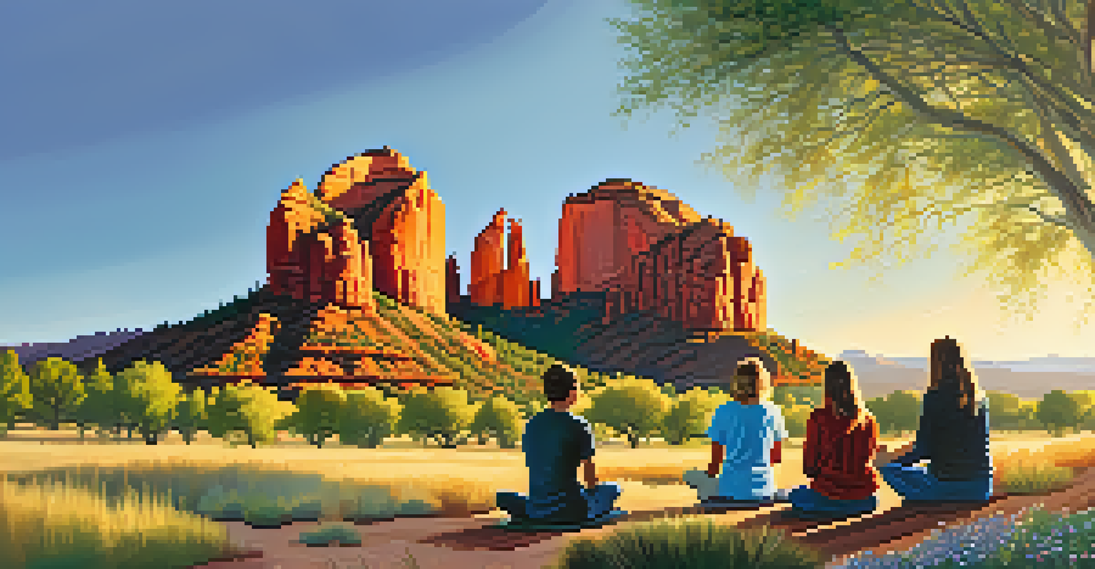 People meditating at Cathedral Rock in Sedona, illuminated by soft morning light with blooming wildflowers in the foreground.