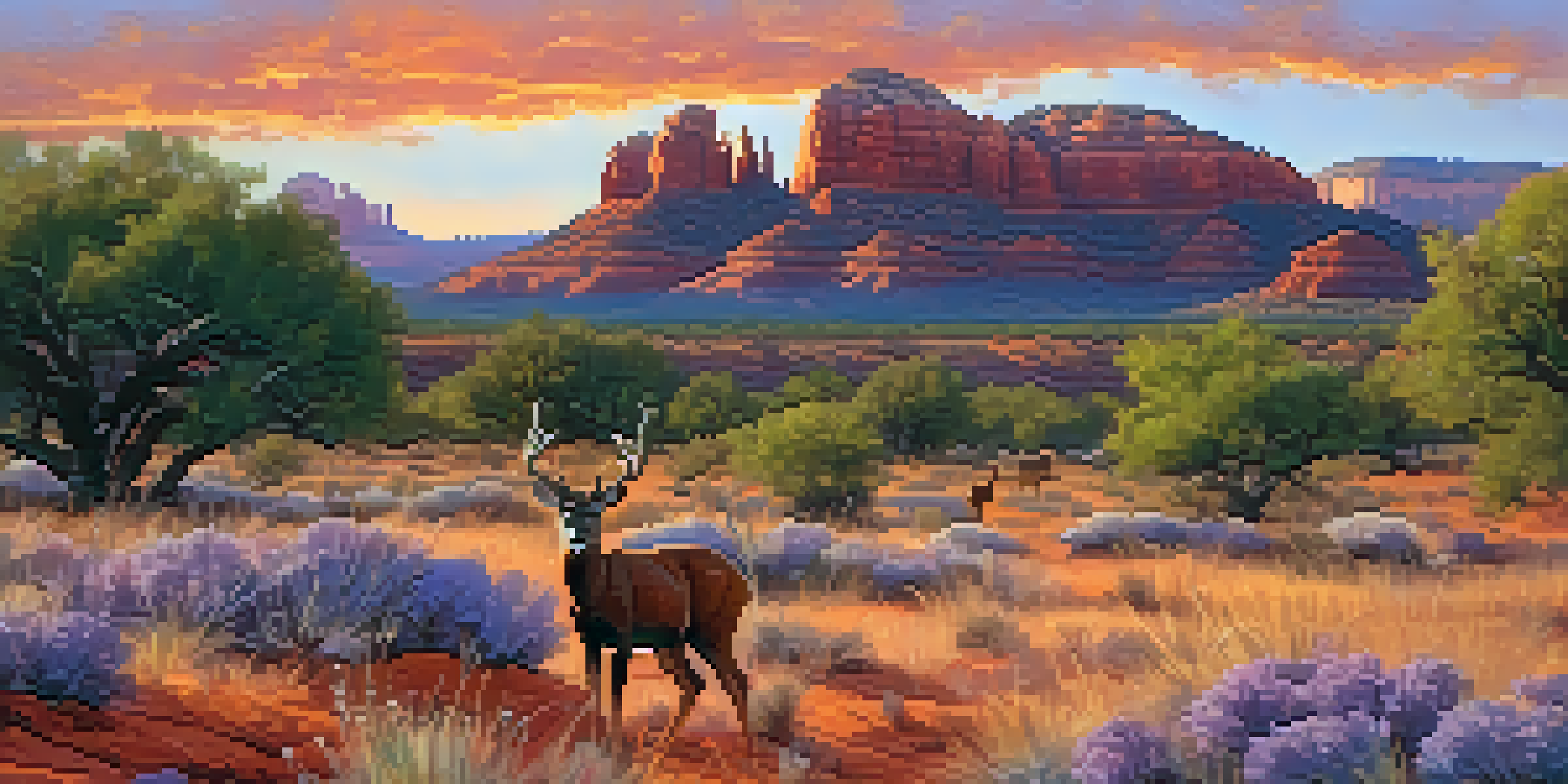A sunset view of Sedona's red rock formations with wildflowers in the foreground and deer grazing peacefully.