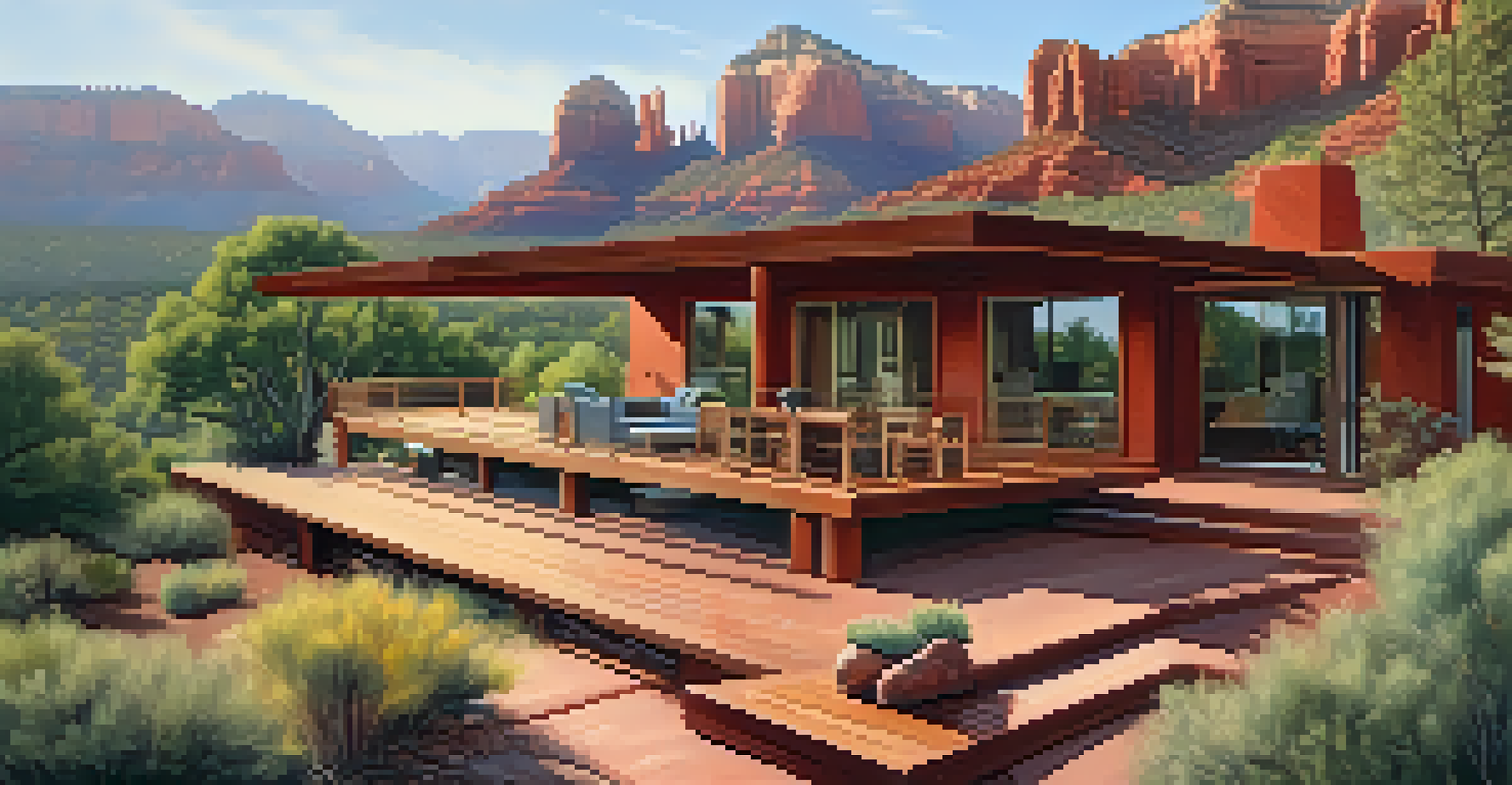 A cozy home in Sedona with a wooden deck, large windows, and red rock views, bathed in soft morning light.