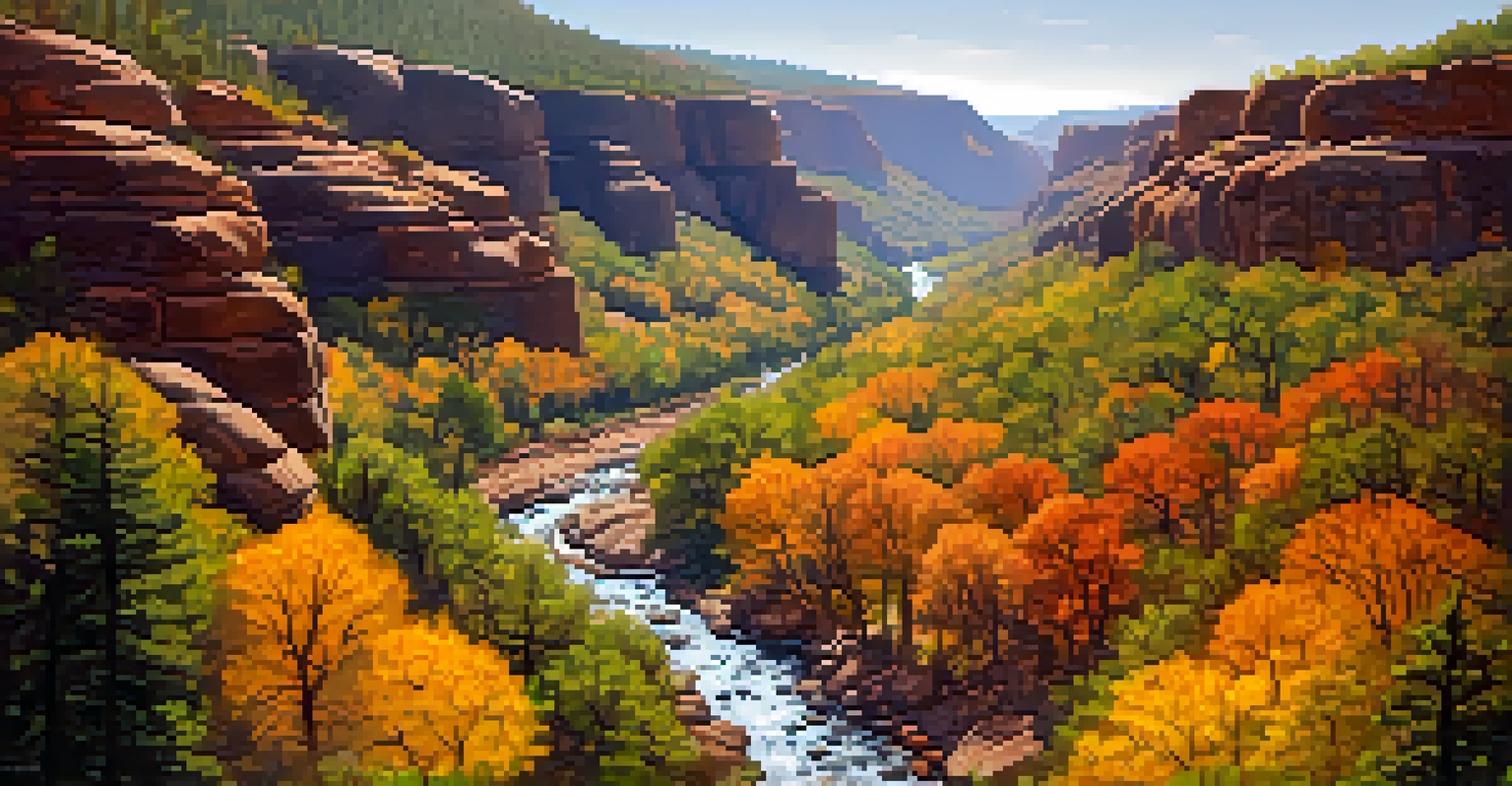 Aerial view of Oak Creek Canyon, featuring lush greenery and autumn colors surrounding a winding creek.