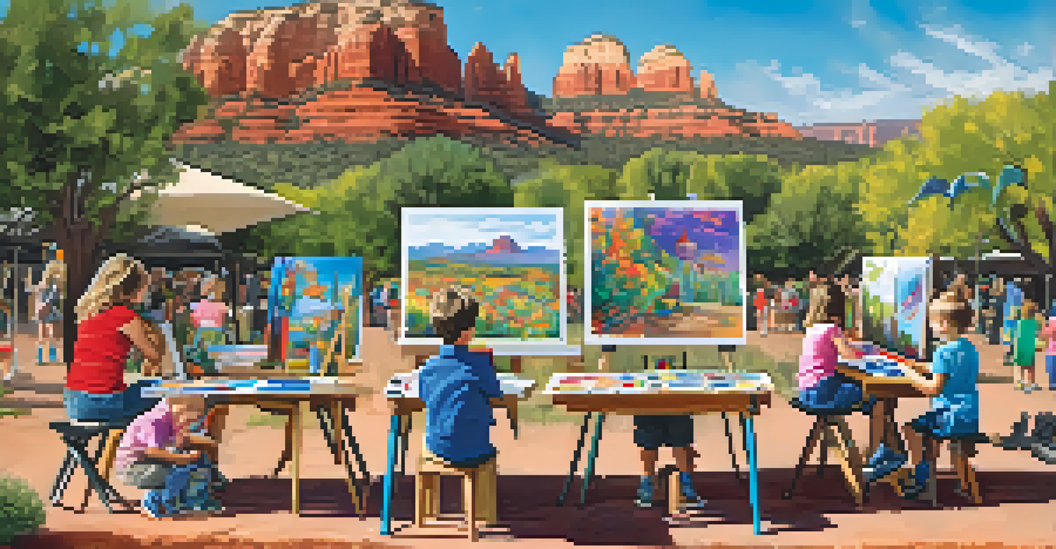 Children creating art at a family-friendly station during the Sedona Arts Festival, with colorful supplies and joyful expressions.