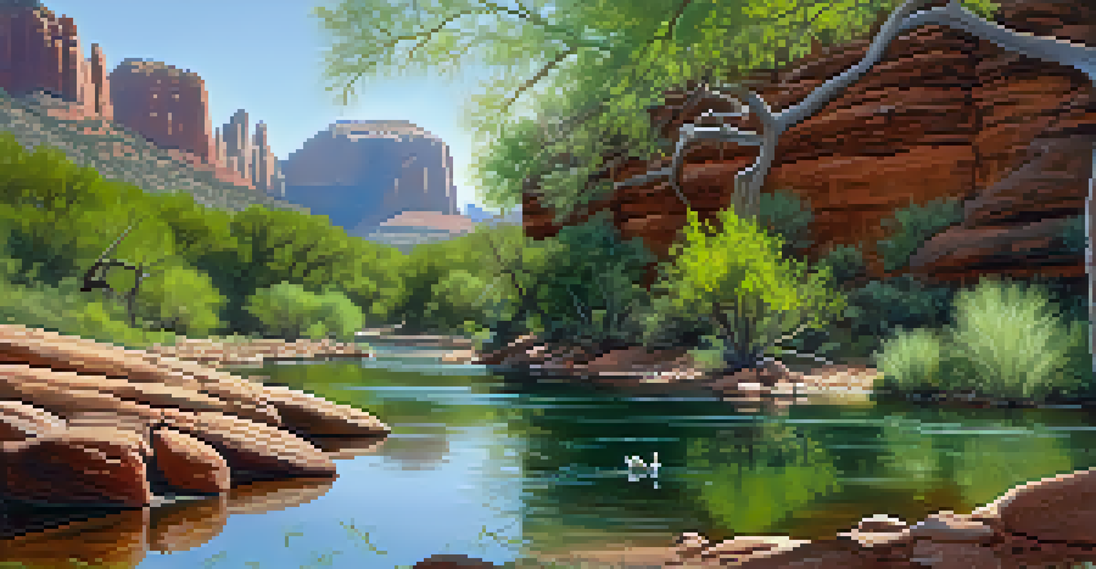 A serene view of Oak Creek Canyon with lush vegetation and birds near the water.