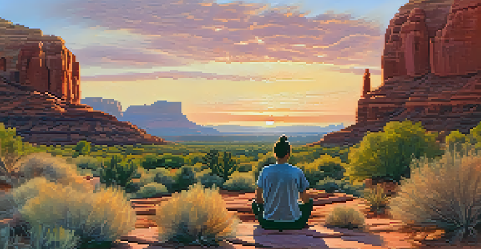 A person meditating at sunrise on Airport Mesa, surrounded by red rock formations and desert plants under a colorful sky.