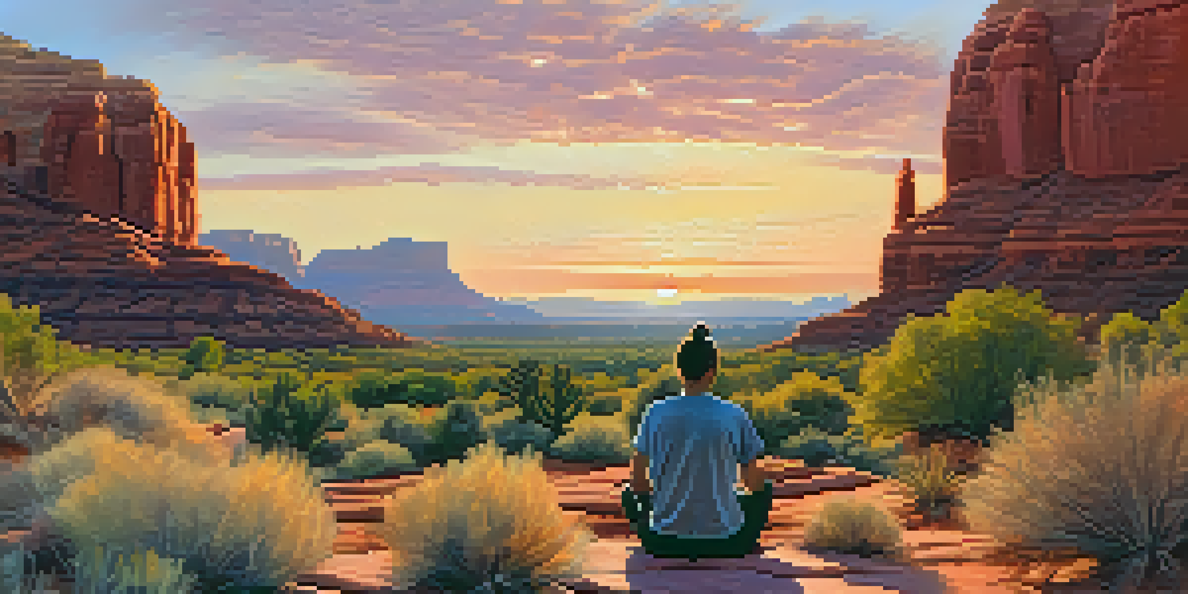 A person meditating at sunrise on Airport Mesa, surrounded by red rock formations and desert plants under a colorful sky.