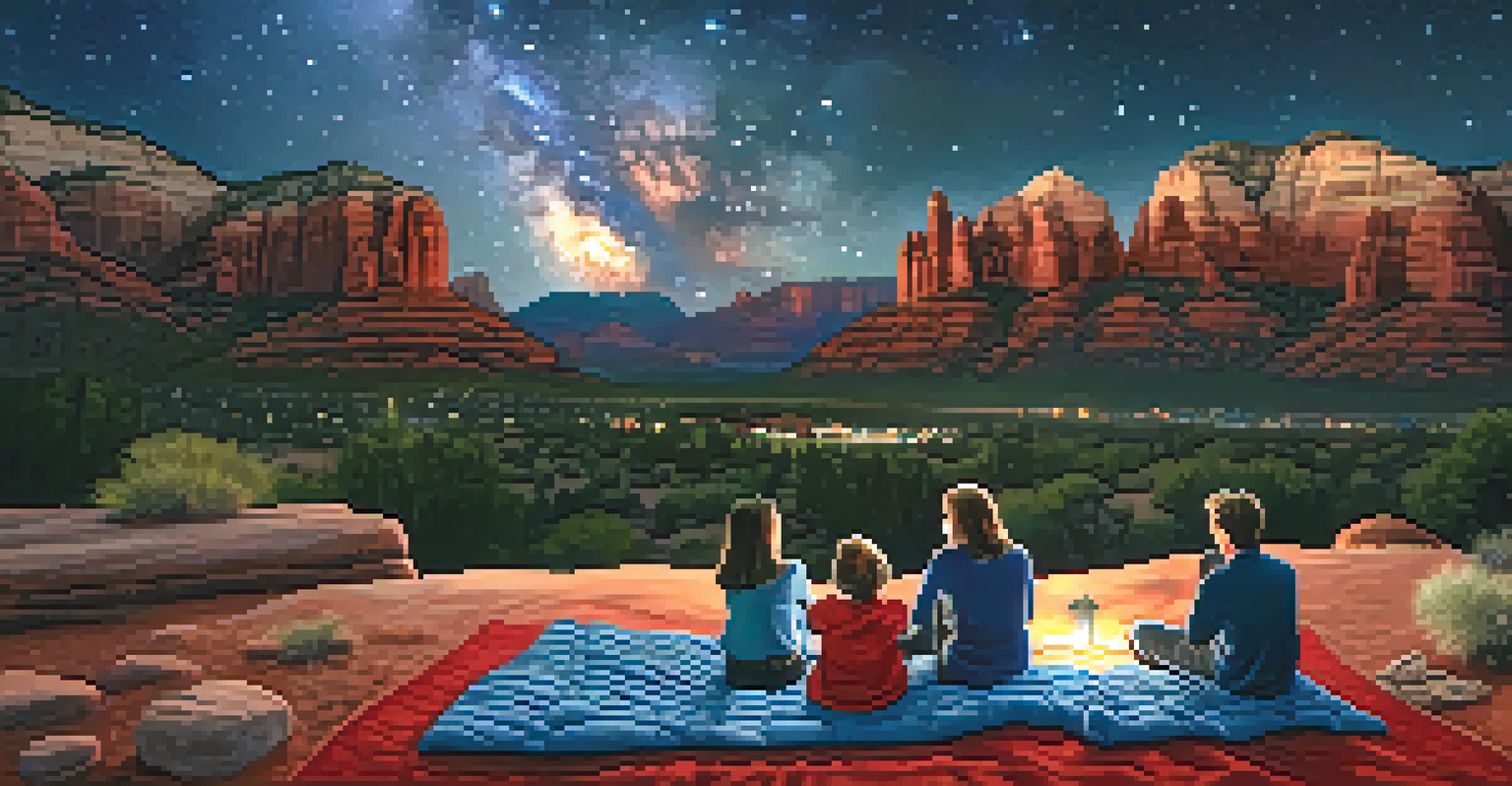 A family stargazing under a clear night sky filled with stars in Sedona.