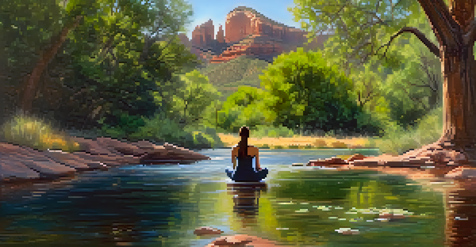 A person meditating by Oak Creek in Sedona, surrounded by greenery and colorful wildflowers, with sunlight filtering through the trees.