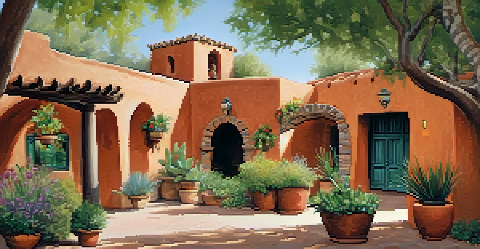 A picturesque outdoor shopping scene in Tlaquepaque Arts & Crafts Village with adobe architecture, lush gardens, and artisans displaying crafts.