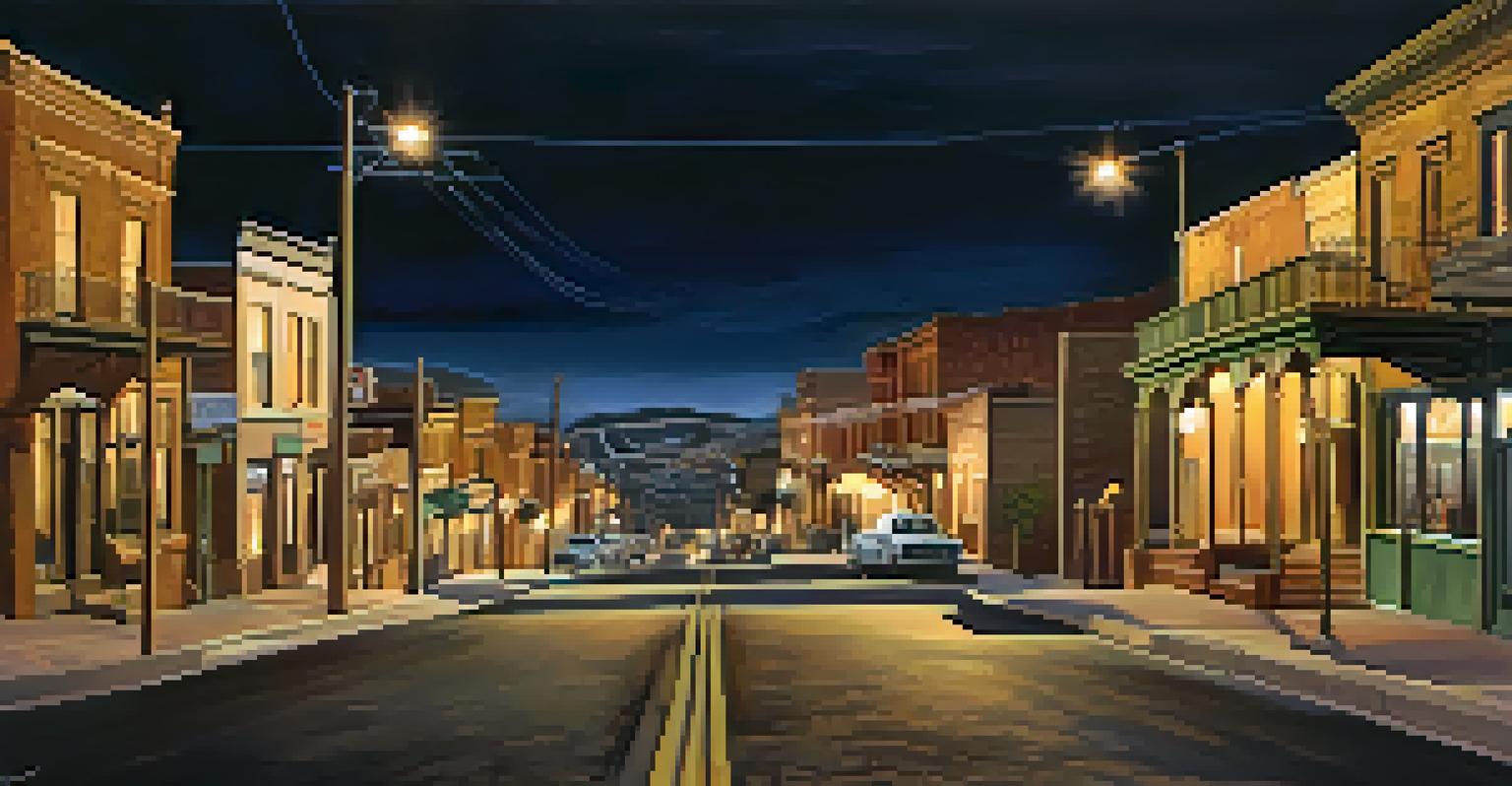 A dusk view of the historic mining town of Jerome, Arizona, with vintage buildings and ghostly apparitions.