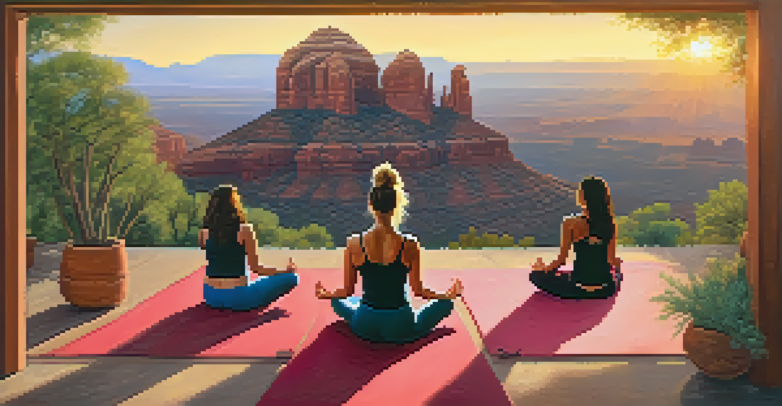 A yoga class outdoors in Sedona with participants practicing against a backdrop of red rocks at sunset.