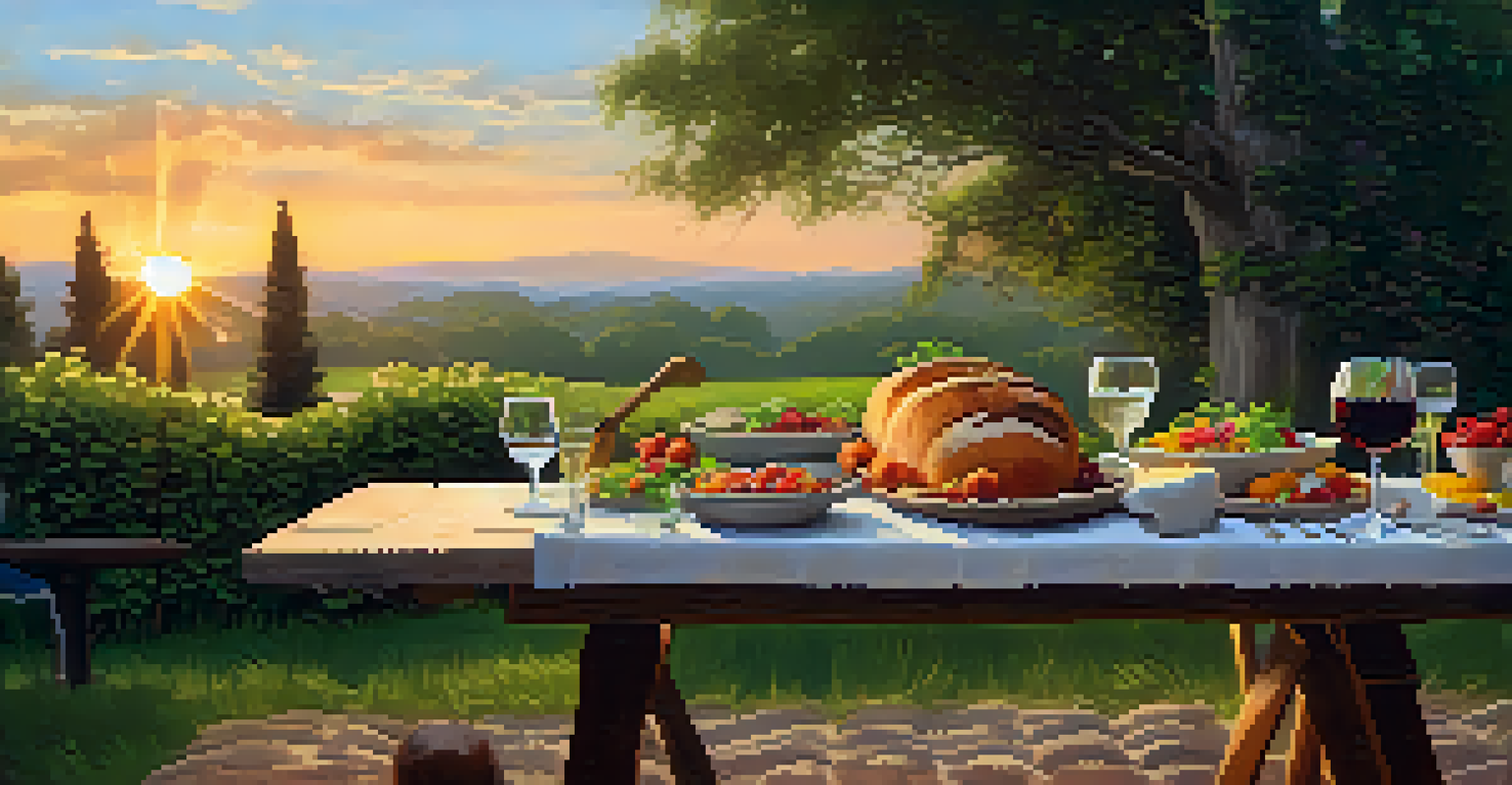 An outdoor dining setup showcasing a seasonal salad, artisan bread, and wine, with lush greenery and sunset lighting.